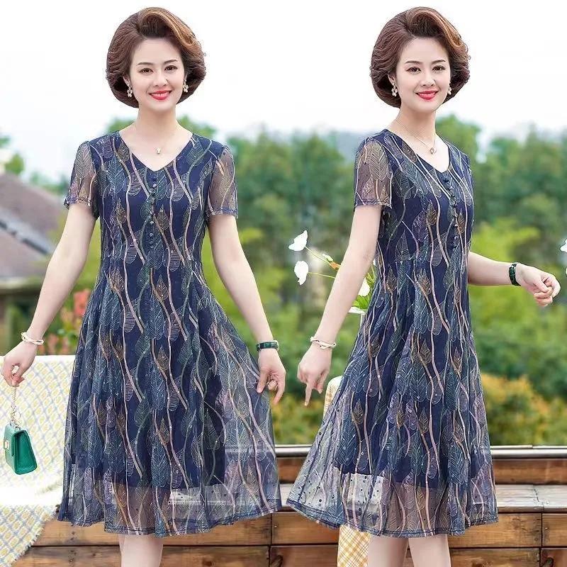 Middle-aged Mother Temperament Floral Dresses Summer In The Elderly Large Yards Concealed Chiffon Long Dress