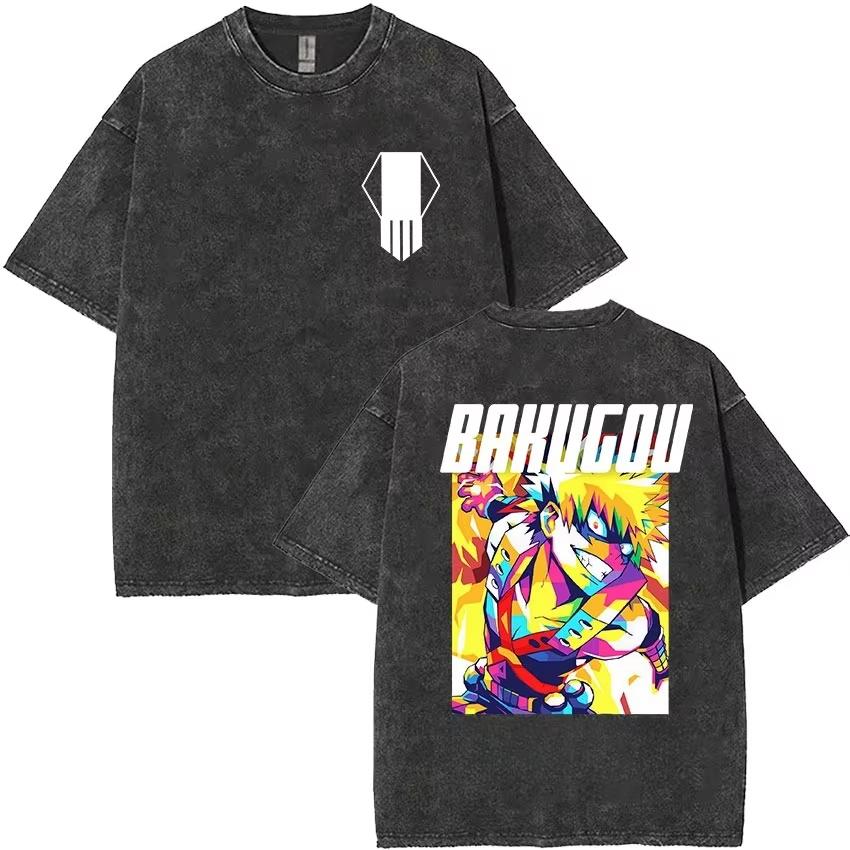 My Hero Academia T-shirt, Black Washed Cotton Tee with Katsuki Bakugou BAKUGOU Double Sided Art Print, Oversized Streetwear L