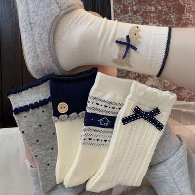 Vintage Button-Down Socks Simple Navy Blue Jewelry Socks Polka Dot Bow Korean Puppy Mid-Tube Cotton Socks