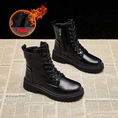 Bottes d'hiver pour femmes Style britannique Peluche Talon épais Bottines à plateforme en cuir pour femmes Chaud Anti-dérapant Bottes de moto Botas Mujer