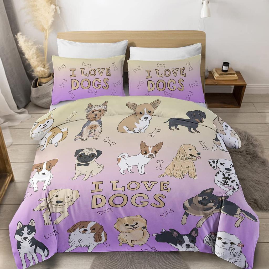 Cute Dogs Print Bedding Set Puppy Animal Duvet Cover Set 2/3 Pcs Watercolor Pastel Dog Paw Comforter Cover Pug Dog Lover Bed Set