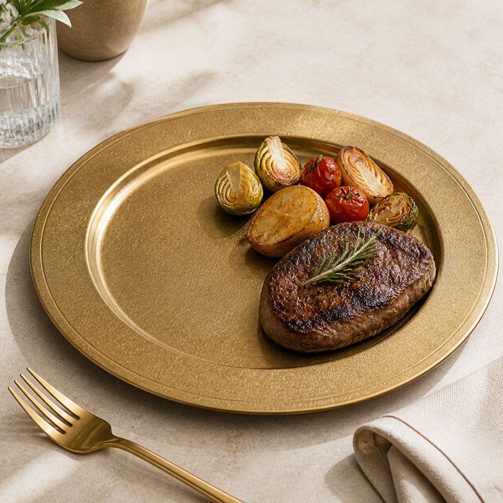 Stainless Steel Dinner Plate Round Dinner Plate Vintage Gold Stainless Steel Serving Plate Raised Rim Reusable Charger Plate