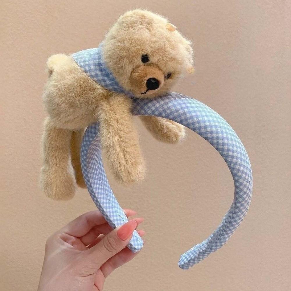 Elastic Cute Hair Hoops Soft Lay Down Bear Hairbands Gingham Tiaras Cartoon Bear Headwear Makeup