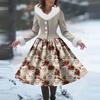 Women's Casual Hooded Dress Long-Sleeve V-Neck Patchwork Fleece Christmas Print Dress