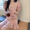 Summer new style drawstring short-sleeved square collar fashion sweet dress women