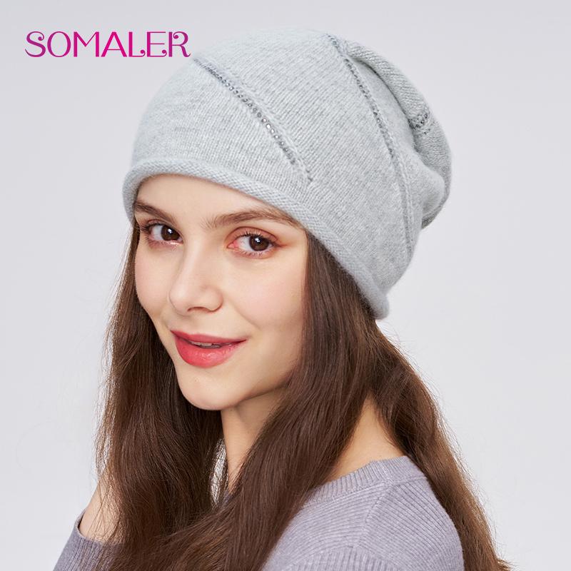 

SOMALER Женская зимняя шапка из ангоры, толстая теплая вязаная шапка-бини с драгоценными камнями, модный берет с отворотом, уличные шапки One Size серый
