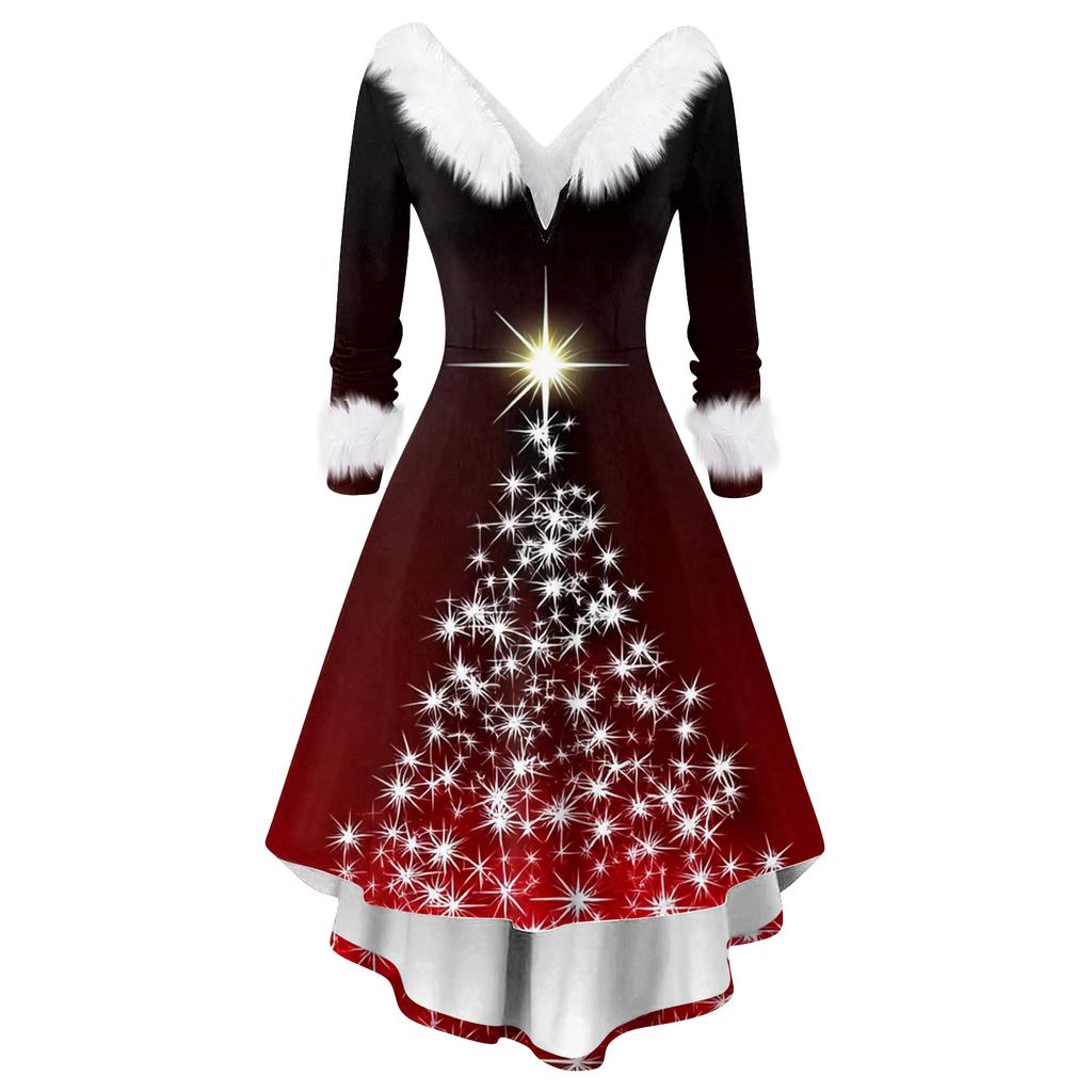 Women's Fashion Elegant Autun And Winter Long Sleeve V-Neck Christmas Print Dress