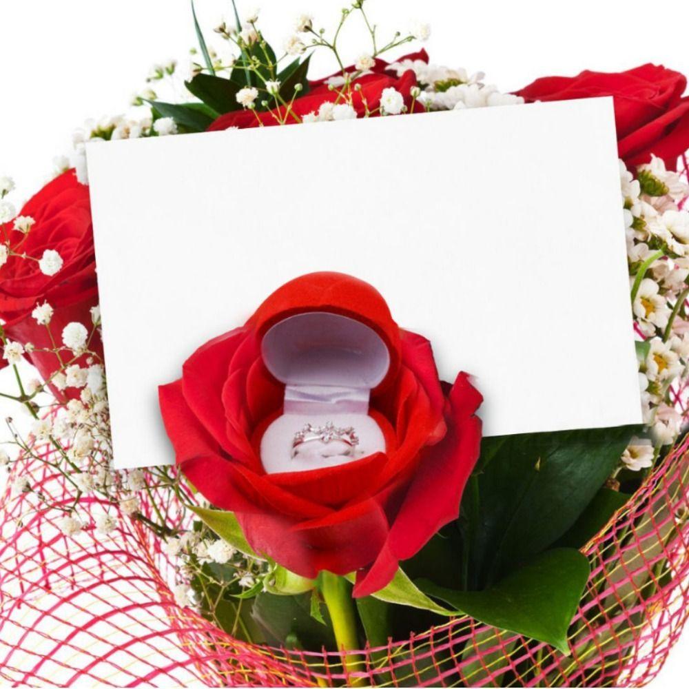 Red Velvet Flocked Rose Ring Box Ring Box Jewelry Holder Artificial Rose Flower Box Gift Box Display Case