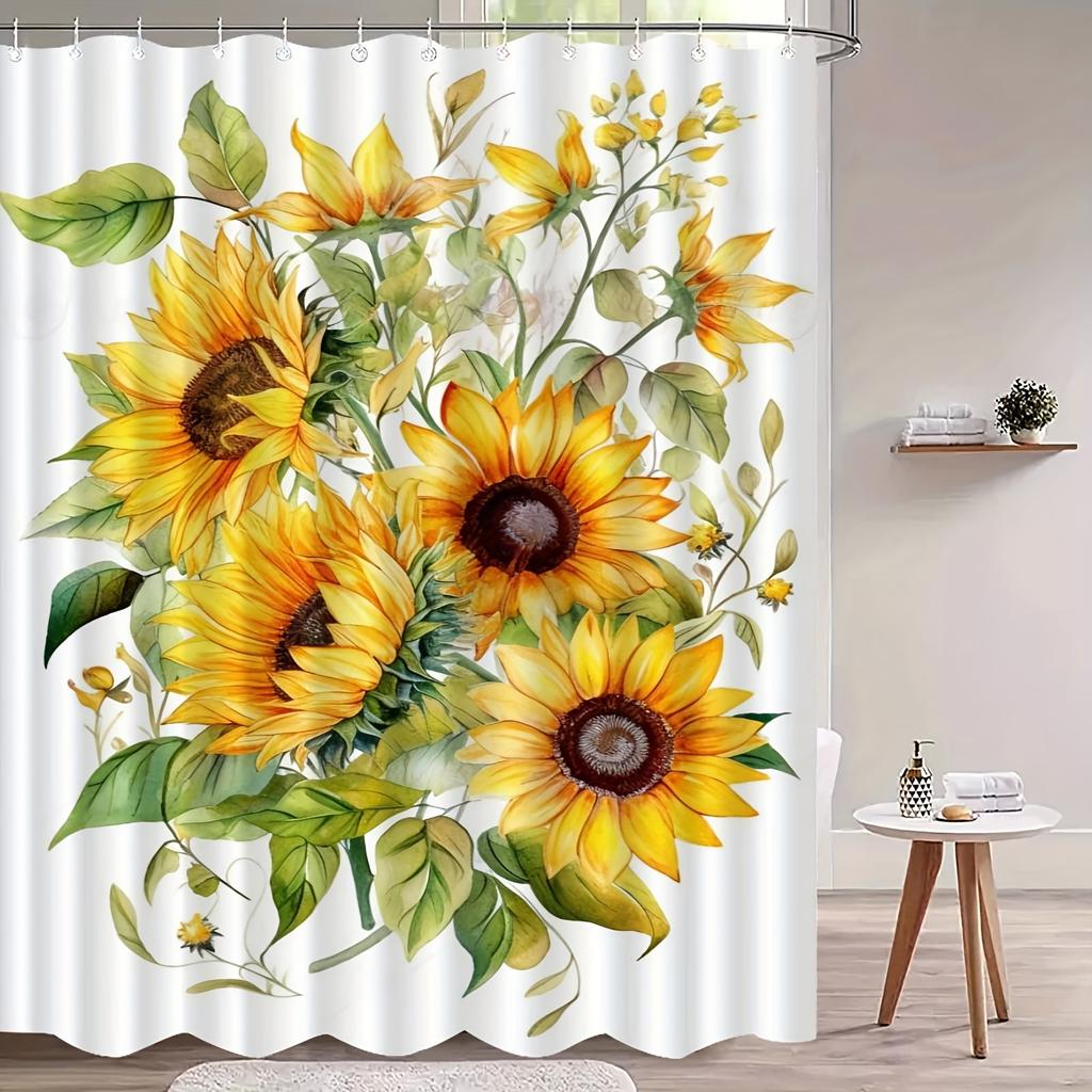 1 Stück Duschvorhang mit Sonnenblumen-Blumenmuster, Elegante High-End-Badezimmerdekoration, Multifunktionaler Polyesterstoff