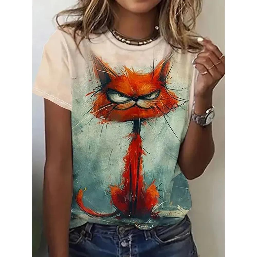 Fashion Versatile Animal Printed Top Casual Loose Short Sleeve Daily Breathable T-Shirts Women’s