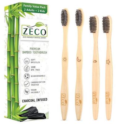 Pack Familial de Brosses à Dents en Bambou à Poils Naturels - Totalement Compostable & Biodégradable Poils de Sanglier - 2 Enfants et 2 Adultes