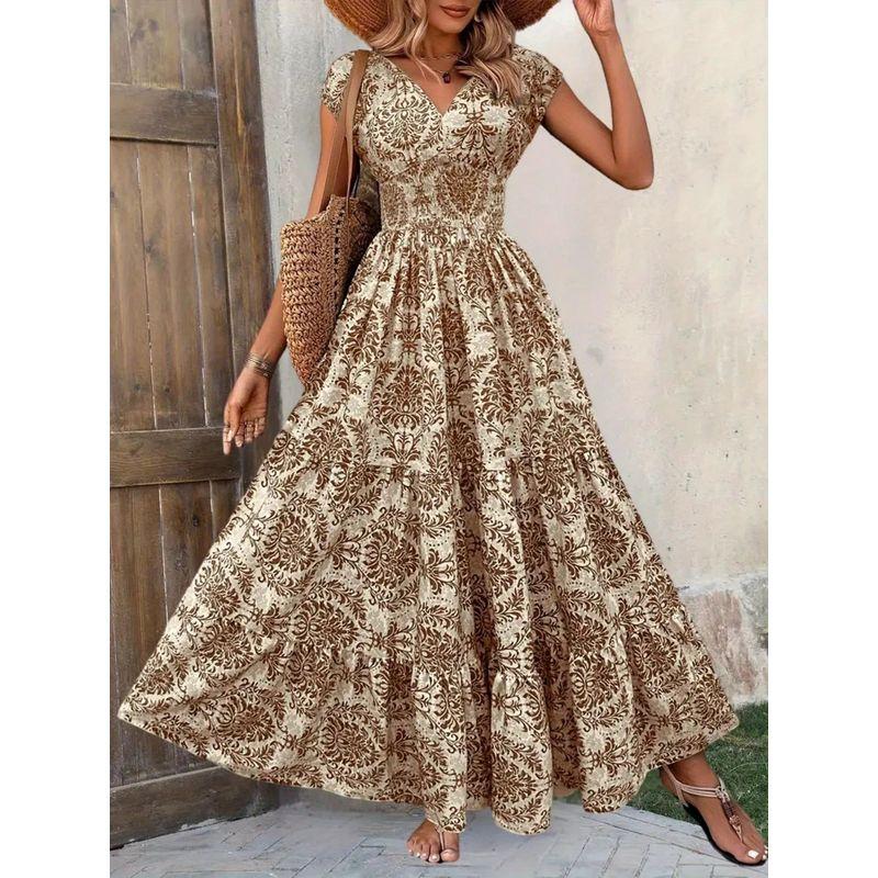 

Bohemian Retro Print Hong Kong Style V-neck Waist Hugging A Word Frill Short sleeve Dress Long dress Multicolor Dress Curry color flower L