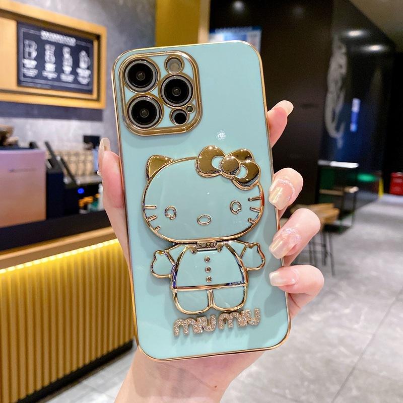 Applicable To Apple 17KT Cat Makeup Mirror Mobile Phone Case iPhone16Pro Bracket 15 Electroplating 14 Fashion Soft