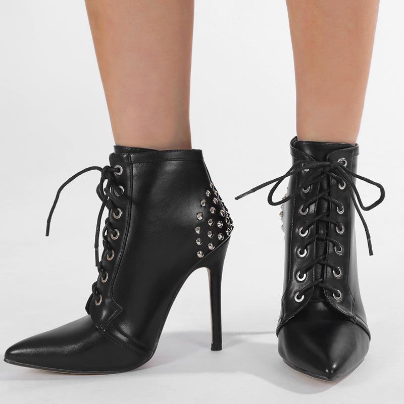 Pointed rivet short boots autumn and winter new black side zipper fashion stiletto punk boots locomotive boots