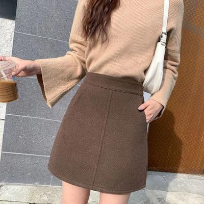 Prostota Dama Biurowa Jesień Zima Wełniana Damska Pogrubiona Jednolita Kieszeń na Zamek Błyskawiczny Moda Vintage Wysoki Stan Krótka Wyszczuplająca Spódnica A-line