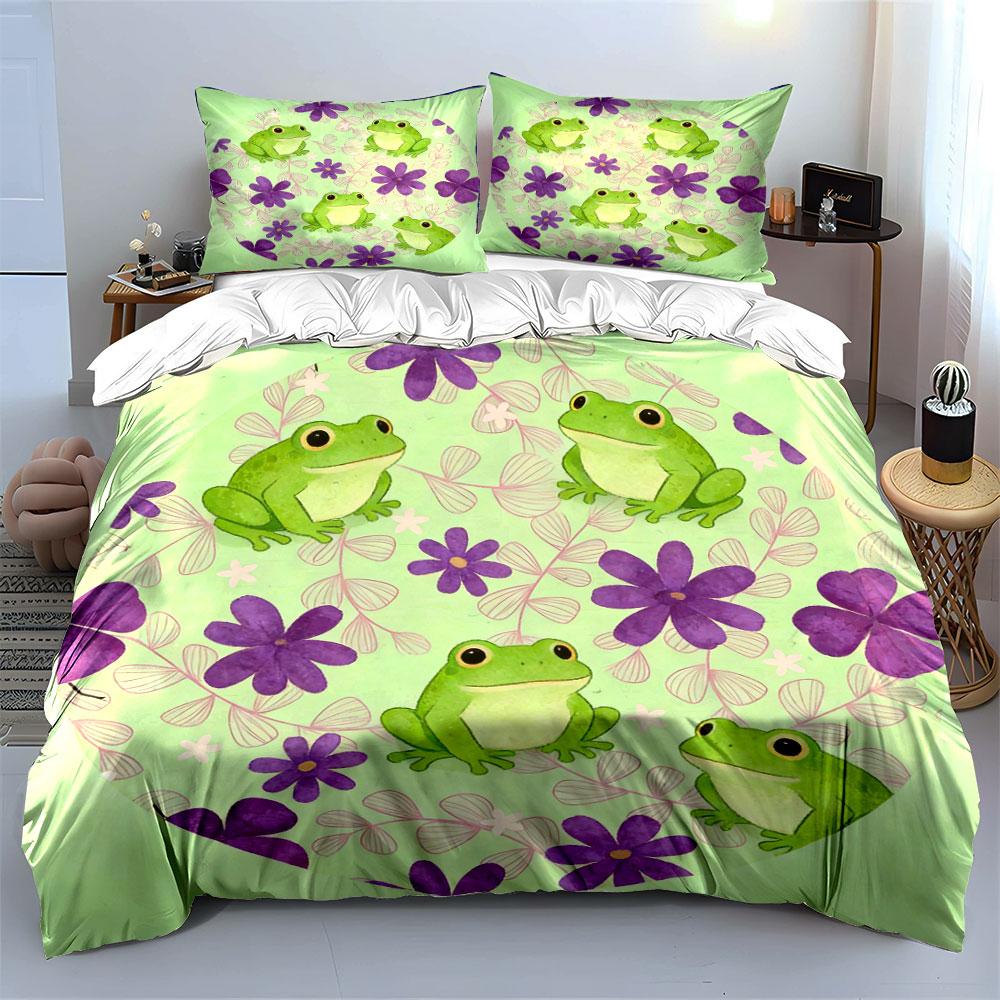 Frog Floral Three-Piece Set Soft Comfortable Duvet Cover Bedding Set Included 1*Duvet Cover & 2*Pillowcases, Gift