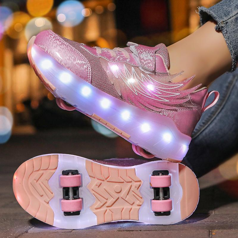 TUINANLE LED Luminous Children's Rechargeable Running Shoes with Wheel Skates Multi Light Breatheable Boy Girl