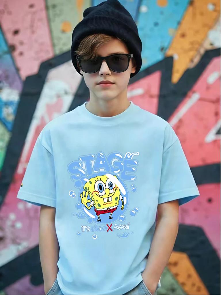Bouncy SpongeBob Short Sleeve T Shirt Children Summer Cute Crewneck Casual Boys Girls 3-14