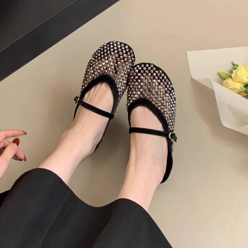 Fashion Rhinestone Marie Jane Baotou Half Slippers Women's 2025 New Summer Outside Wear Half Bottom Flat Cool Mopping