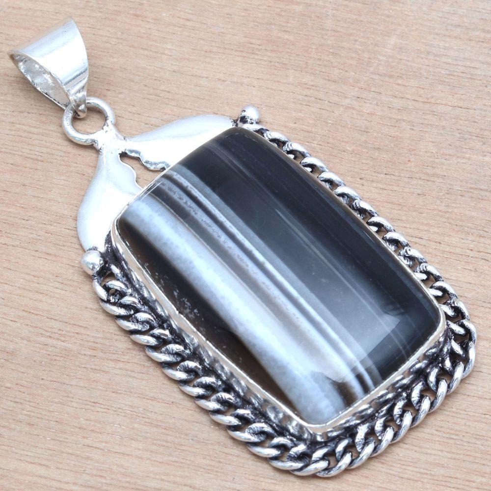 Pendant Gray Botswana Agate Gemstone Mother's Day Gift Silver Jewelry 2.25"