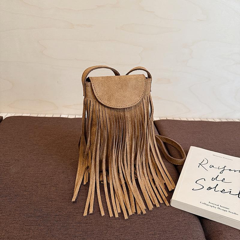 2025 Autumn Retro Matte Suede Fringed Mobile Phone Bag Women's Fashion Trendy Temperament Suede Single Shoulder Messenger Bag