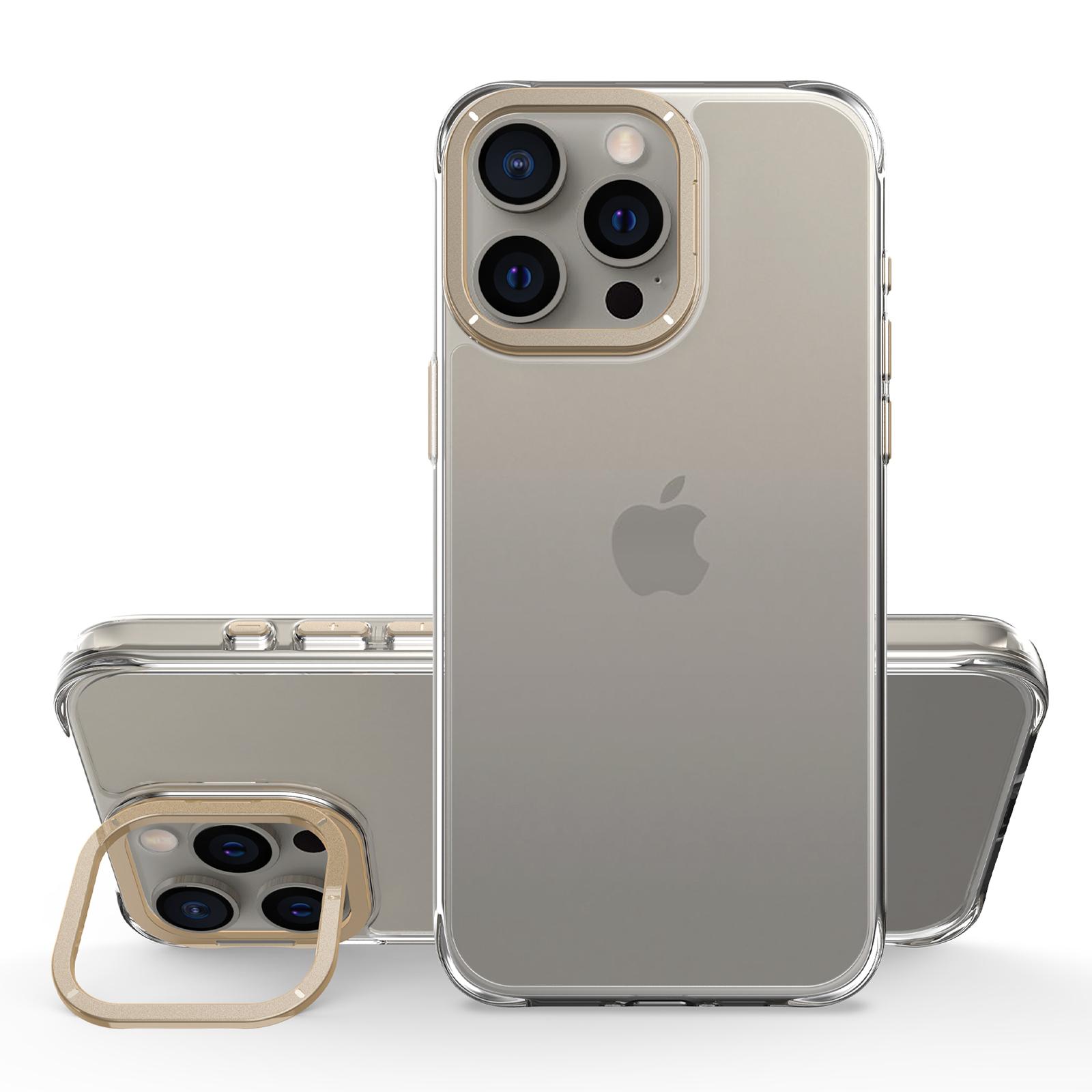 

For iPhone 15 Pro Case Shockproof TPU+PC Phone Back Cover with Metal Lens Kickstand Gold