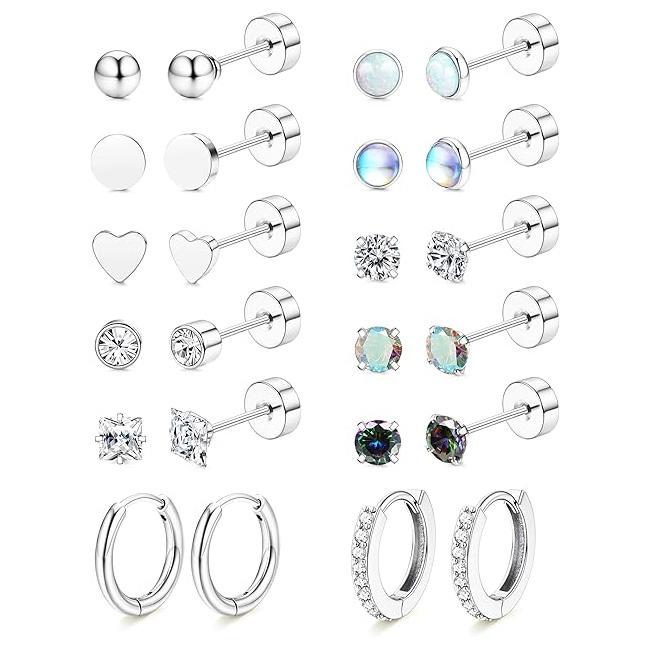 Kolip Hypoallergenic Flat Back Stud Earrings for Women, Surgical Steel Earrings for Sensitive Ear серебряный