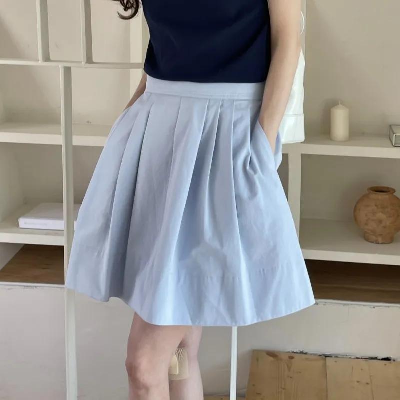 

Womens High Waist Pleated A Line Mini Skirt With Pockets L синий