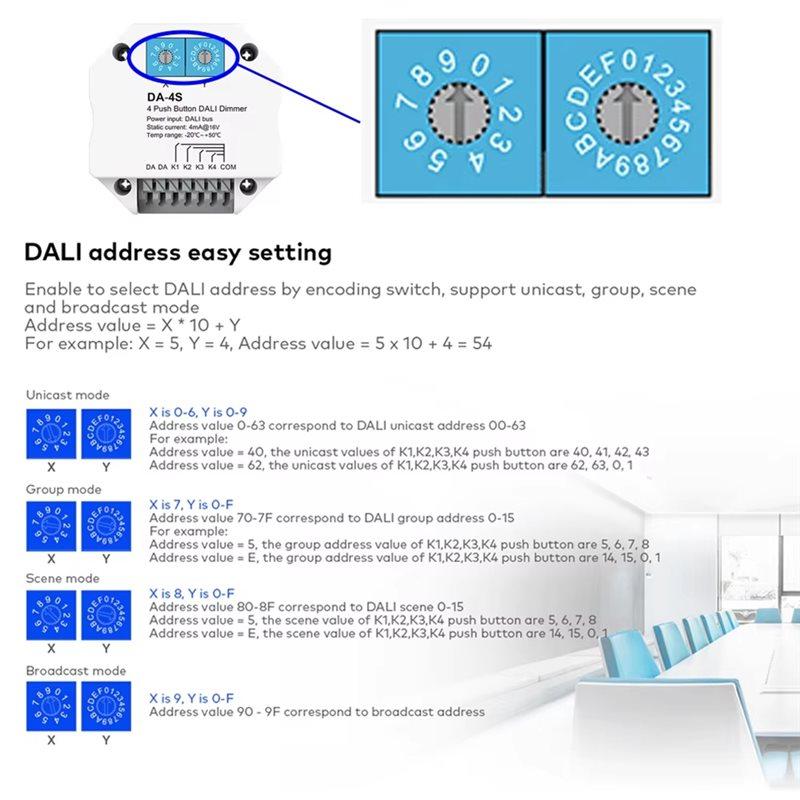 Da-4S Encoded DALI Signal 4 Push Button Dimmer Works DALI Master/Bus Power Supply Switch For LED Lights- Address Selection 3