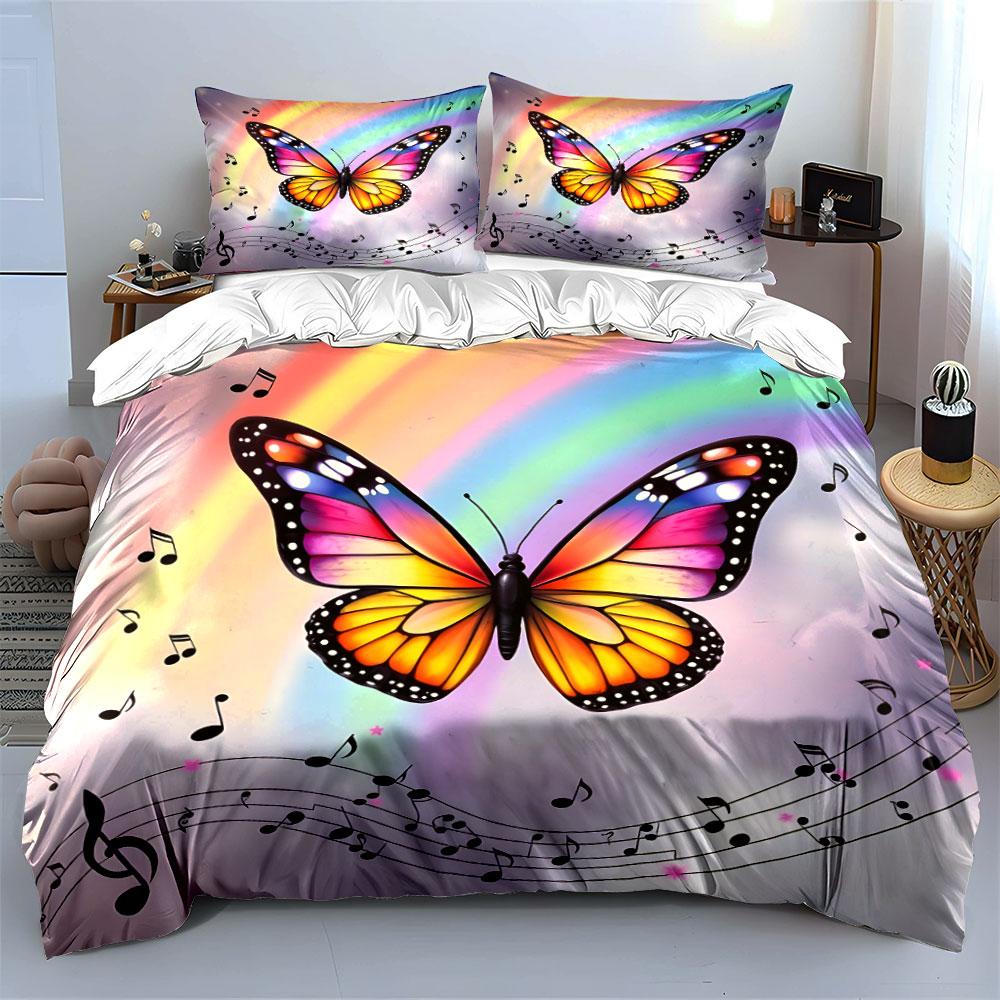 Rainbow Butterfly With Musical Notes Print Bedding Set 1 Duvet Cover 2 Pillowcases For Adult And Children Luxury Gift Full Size