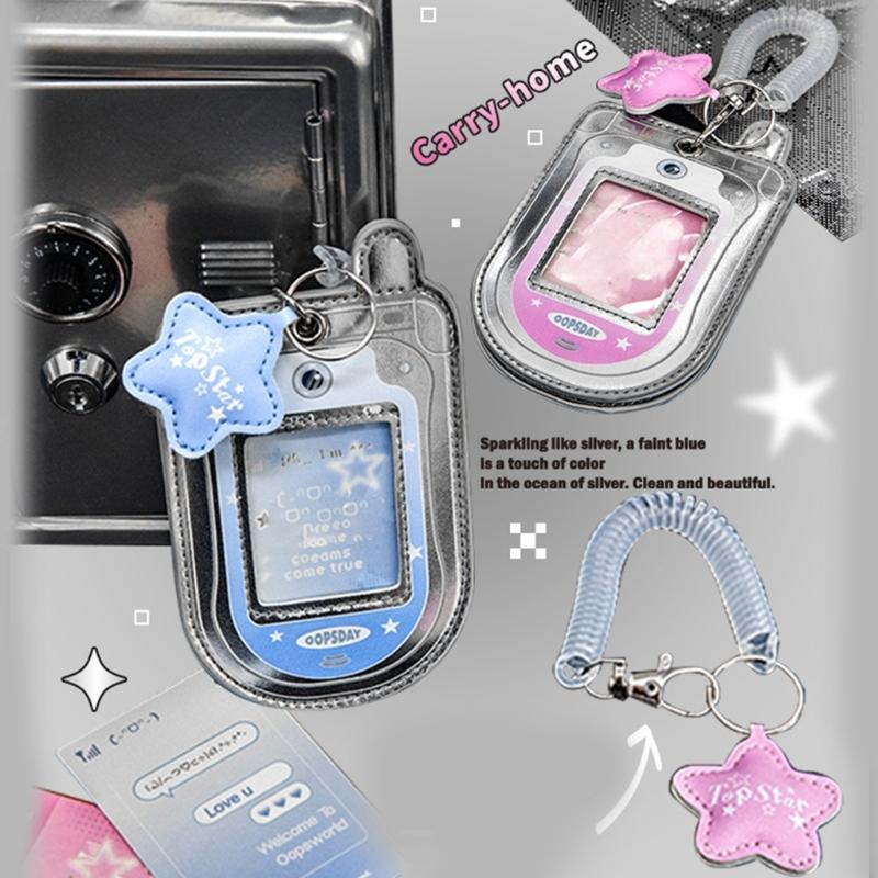 Porta-Cartão Fotográfico em Formato de Celular Flip com Pingente e Chaveiro de Mola Retrátil, Capas de Cartão de PU, Suporta 2-3 Cartões