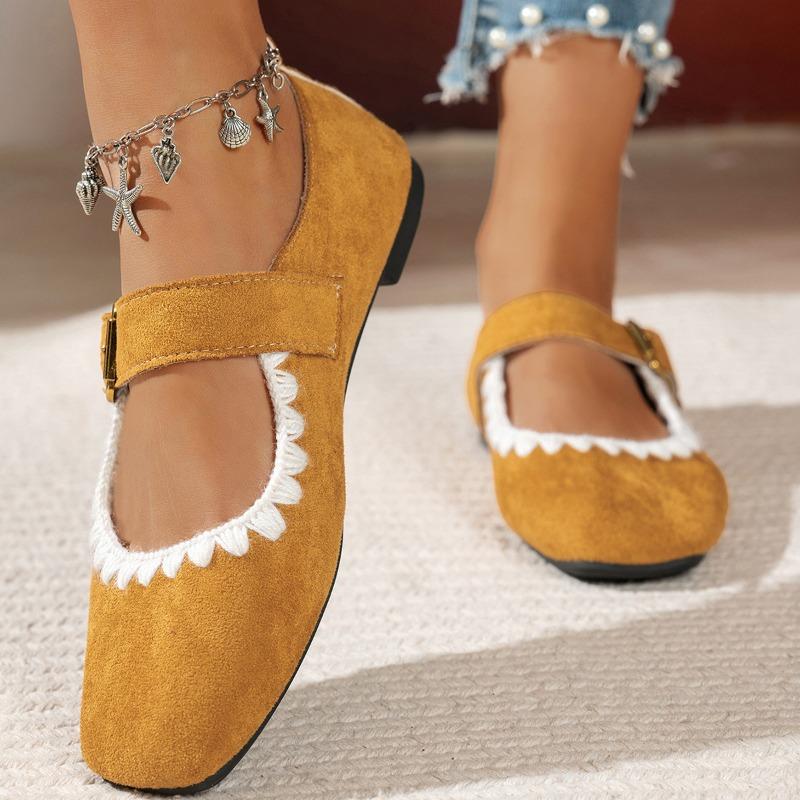 Damen Vintage Wildleder Mary Jane Ballerinas - Einfarbige tief ausgeschnittene Slipper für den Herbst, lässige Retro-Ballerinas