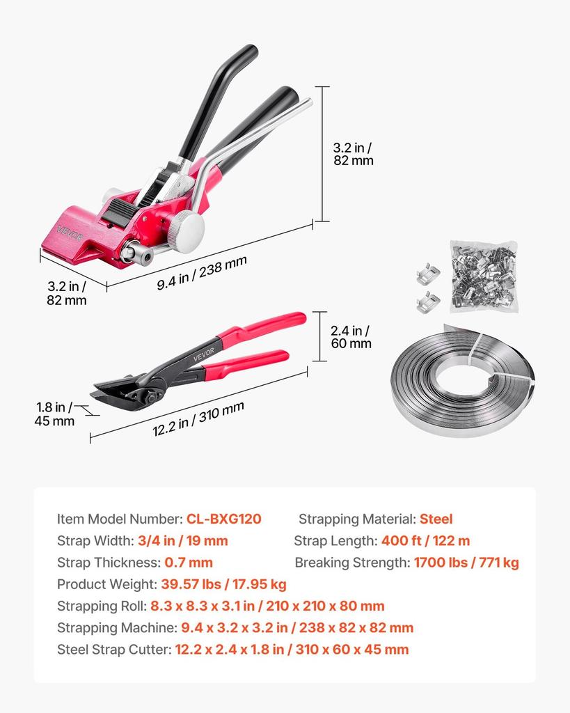 Steel Banding Strapping Kit, Heavy Duty Banding Sealer Tool with 122 M Binding Straps, 400 Metal Clasps, Manual Pallet Packaging Strapping Kit for