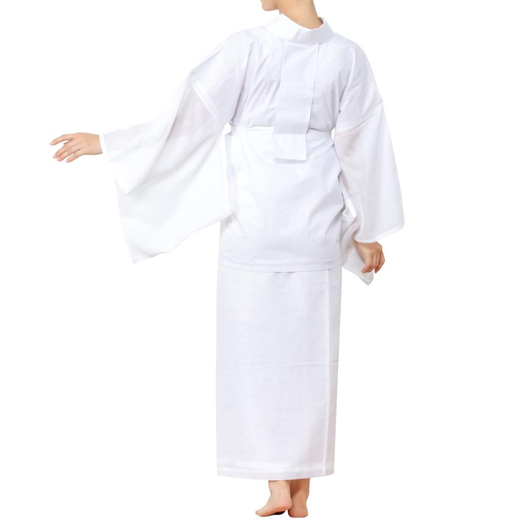 [KYOETSU] Washable Two-Piece Nagajuban (Undergarment for Kimono) - White with Patterned Gauze Fabric, Half-Collar, and Neckline Adjustment - Women's