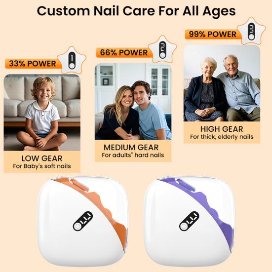 2-i-1 Elektrisk Nagelklippare 3 Hastigheter Nagelklippare med LED-ljus USB Uppladdningsbar Baby Barn Äldre Automatisk Fingernagelklippare Fil Polering