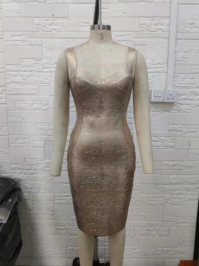 Gold Spaghetti Strap Bodycon Dress, High Waist Evening Wear