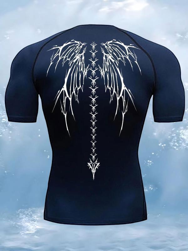 Skull Wings Print Men's Summer Fitness Running Short Sleeve Compression Sports Quick-Drying T-Shirt Short Sleeve Sports Top