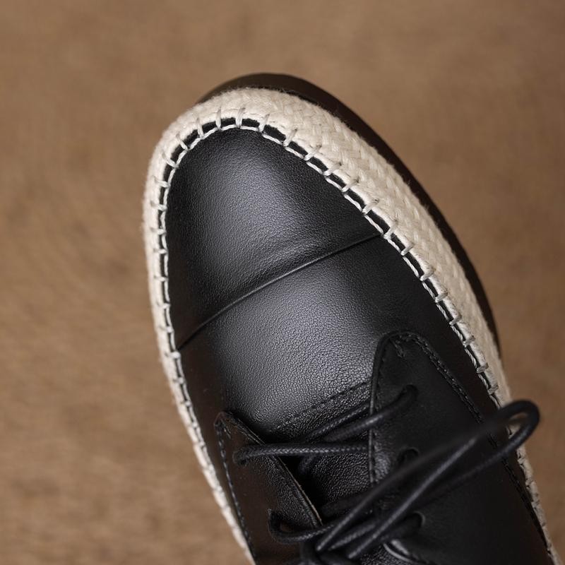 Fashion Women's new leather cowhide lace up woven fabric round toe low heel comfortable plus size single shoe casual shoes