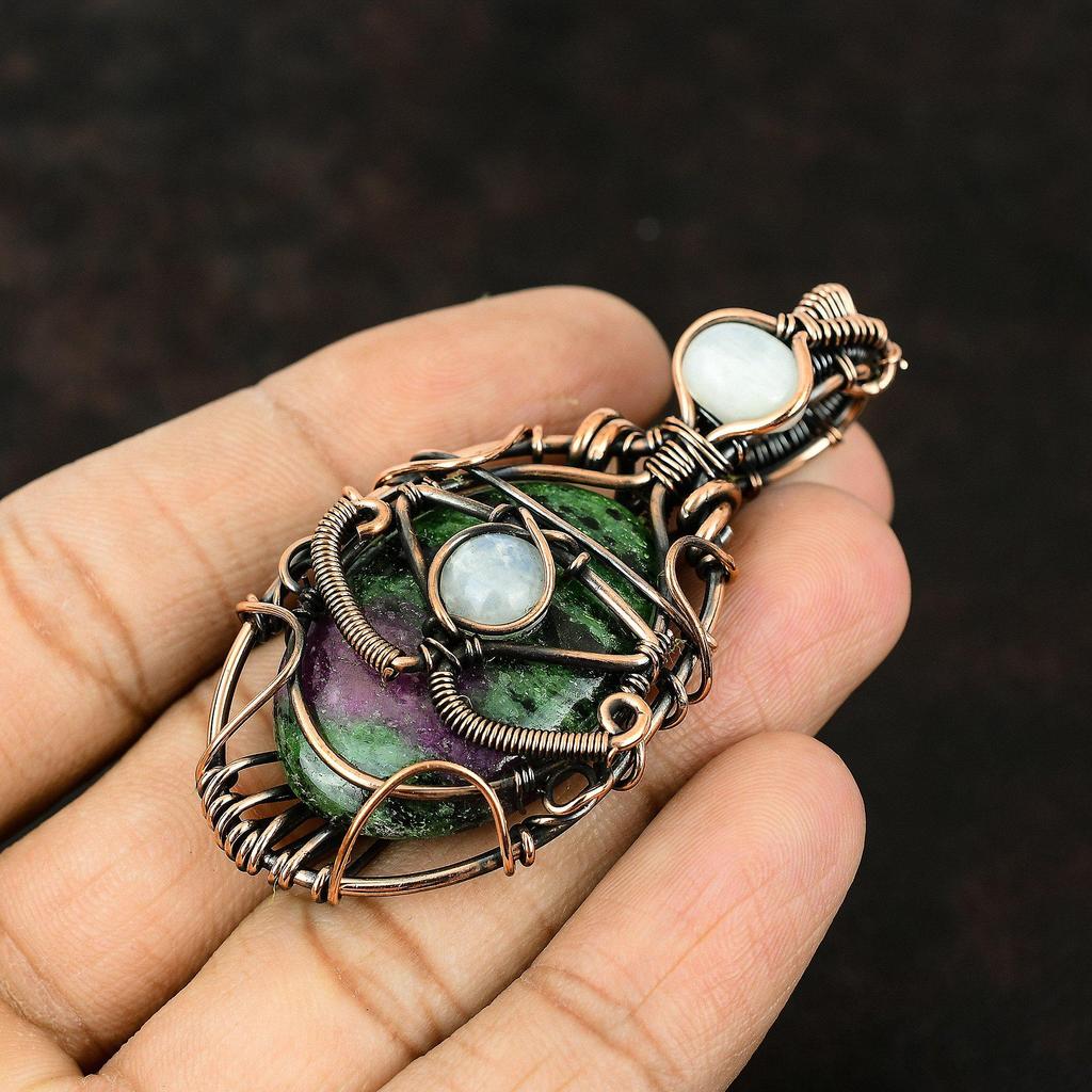 Evil Eye Ruby Zoisite Copper Wire Wrapped Pendant Gemstone Copper Jewelry Rainbow Moonstone Handmade Women Jewelry Evil Eye Jewelry For Gift