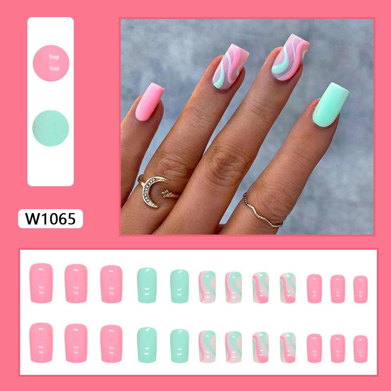 

Simple ripple fresh pink green mandarin duck color dopamine cute solid color fake nails wear armor