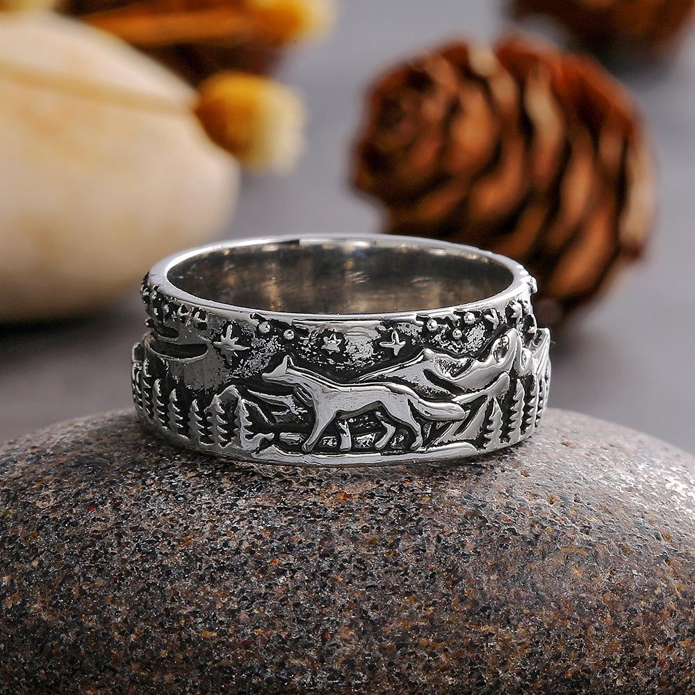 Wolf Man and Lady under the Stars Couple Ring, Vintage Totem Ring