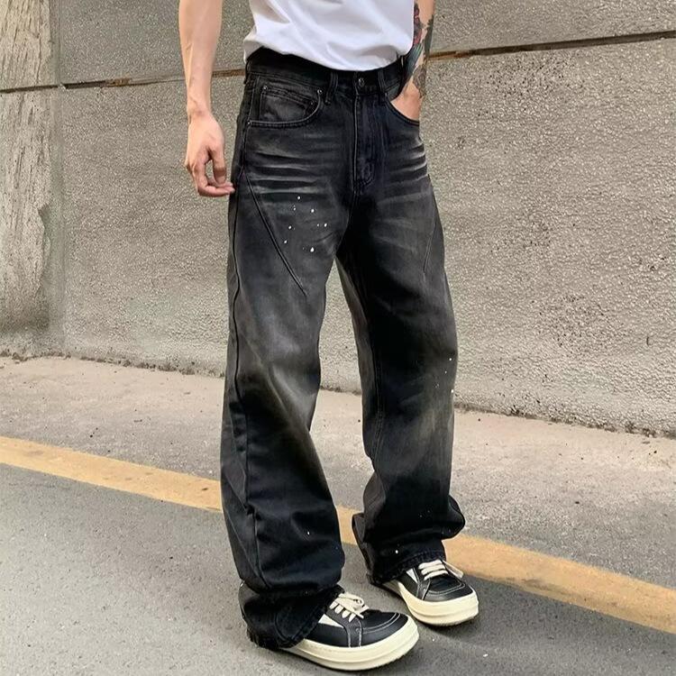 American Retro Washed Old Black Jeans Men's and Women's Trendy High Street Ink Splashing Loose Straight Casual Pants