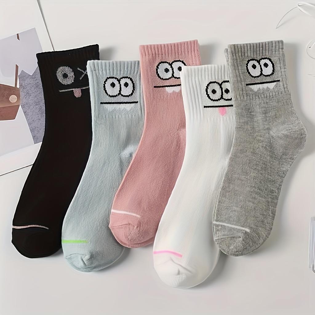 5 Pairs Fun Print Women's Socks - Korean Style Mid-Calf Trendy Cute Cartoon Breathable Comfort Casual Socks