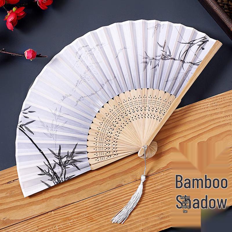 Ancient Chinese Style Black Bamboo Folding Fan for Women's Hanfu Dance Costume