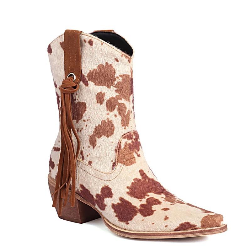 Fashion New Vintage Pointy Toe Horsehair Cowboy Boots Women Retro Leopard Block Heels Slip on Shoes Big Size 43