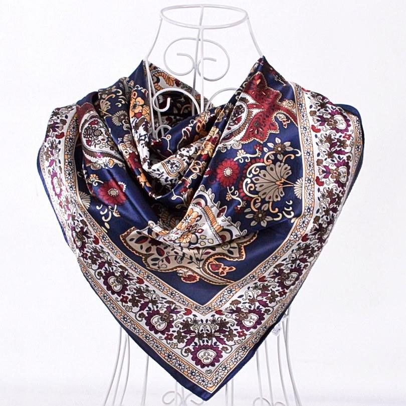 

[BYSIFA] Winter Navy Blue Silk Muffler Imitated New Design Paisley Silk Scarves Wraps 90*90CM Ladies Brand Satin Scarf Cape