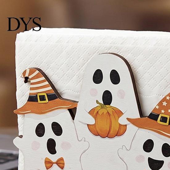 Seasonal Tabletop Ornament Halloween Wooden Napkin Holder, Ghost Pumpkin Decorative Tissue Dispenser, Festive Desktop Decoration Paper Storage