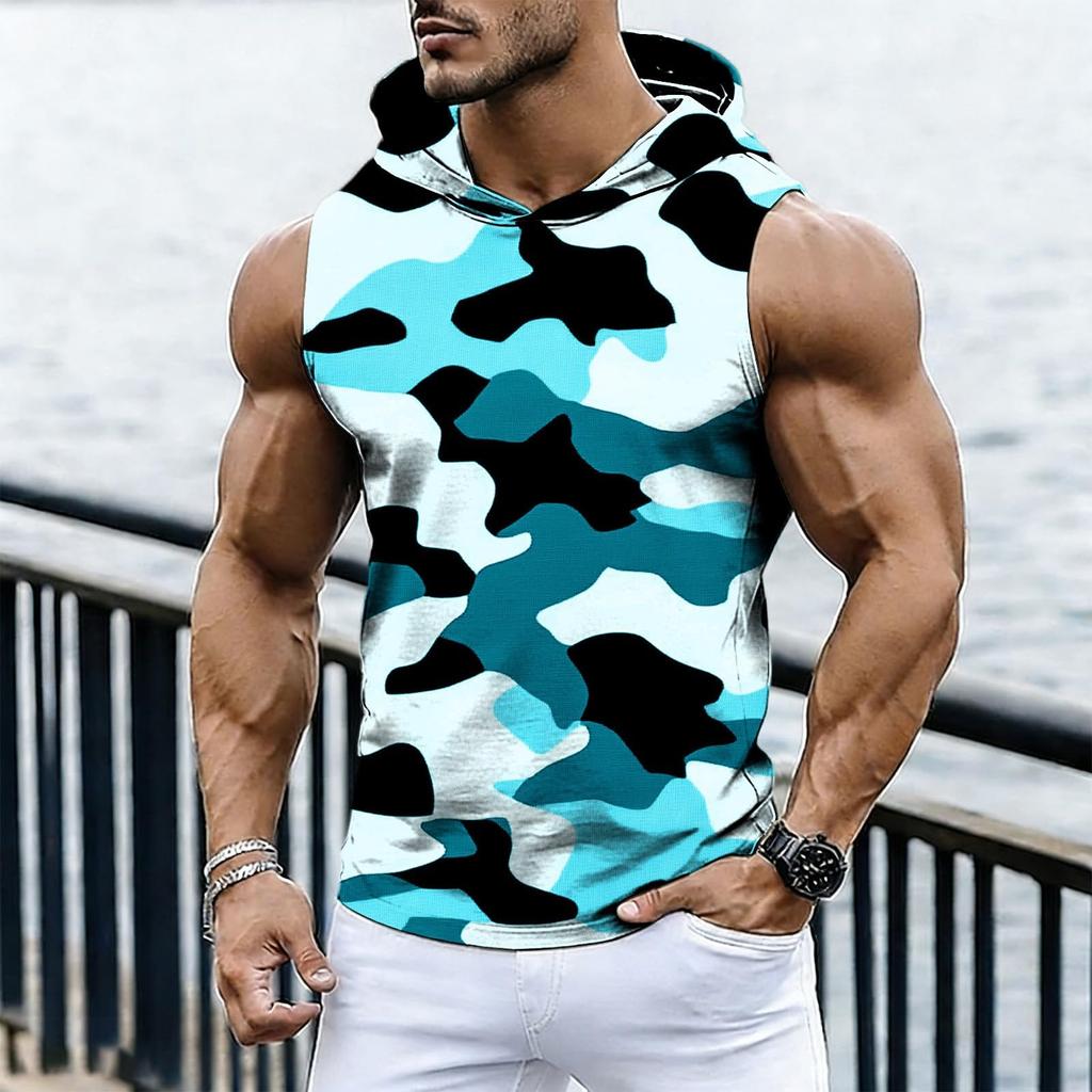 Men's Casual Fashion Printed Sleeveless Hooded Tops | Lightweight Summer Hooded Tank Tops