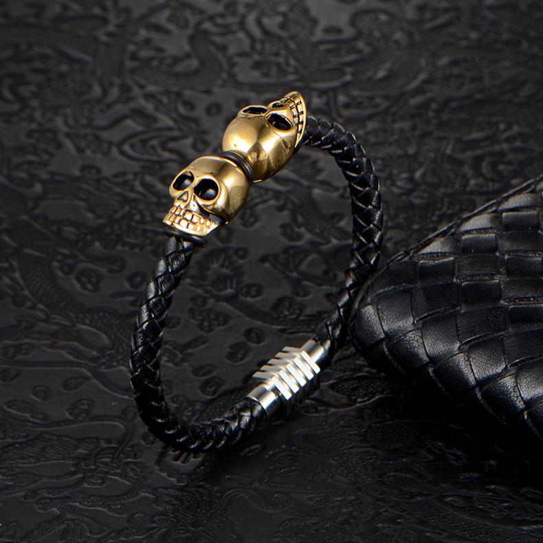 Hand-woven Double-layer Leather Bracelet, Skull Ghost Head Men's Titanium Steel Bracelet
