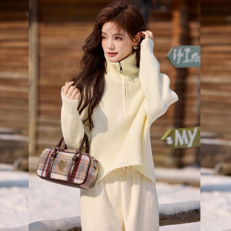 Bailuyu Damen Strickpullover mit Revers und halbem Reißverschluss